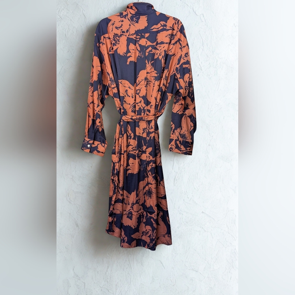 Pari Passu Long Floral Rust and Navy Button Up Tie Waist Shirt Dress NWOT (5)20 - Picture 3 of 8